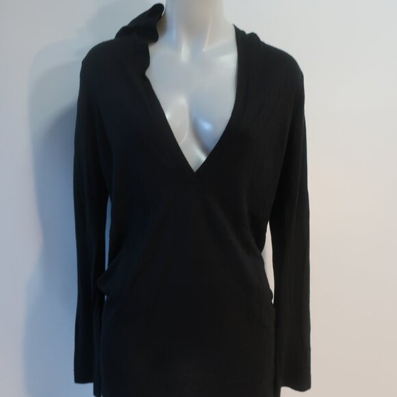 Womens Minnie Rose Black Silk Cashmere Hooded V-Neck Sweater M - Picture 4 of 10
